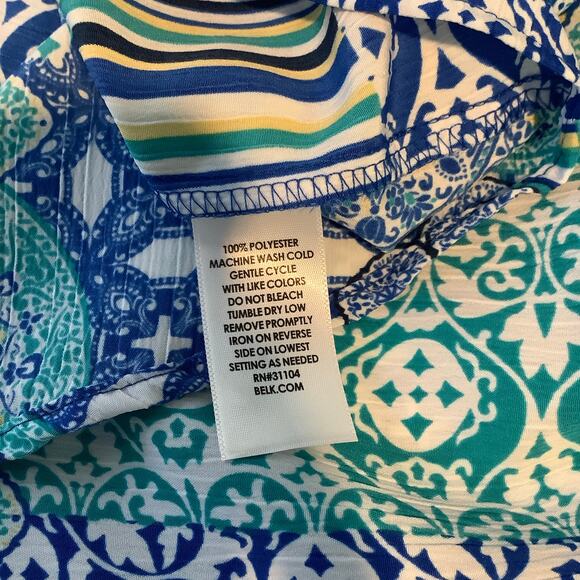 Kim Rogers Blouse Top Button Down Roll Tab Sleeves Blue Aqua Yellow White XL - Picture 6 of 6